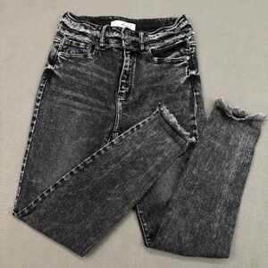 KanCan High-Rise Double-Waistband Skinny Jeans Sz 7/27 Black Acid Wash Raw Hem